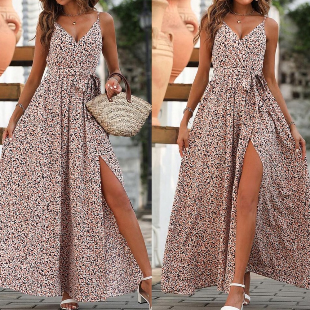 Boho Flor print slit thigh belted cami maxi dress - Picture 3 of 7